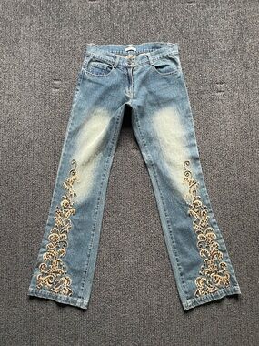Embroidered Blue Women's Jeans with Gold Beaded Accent